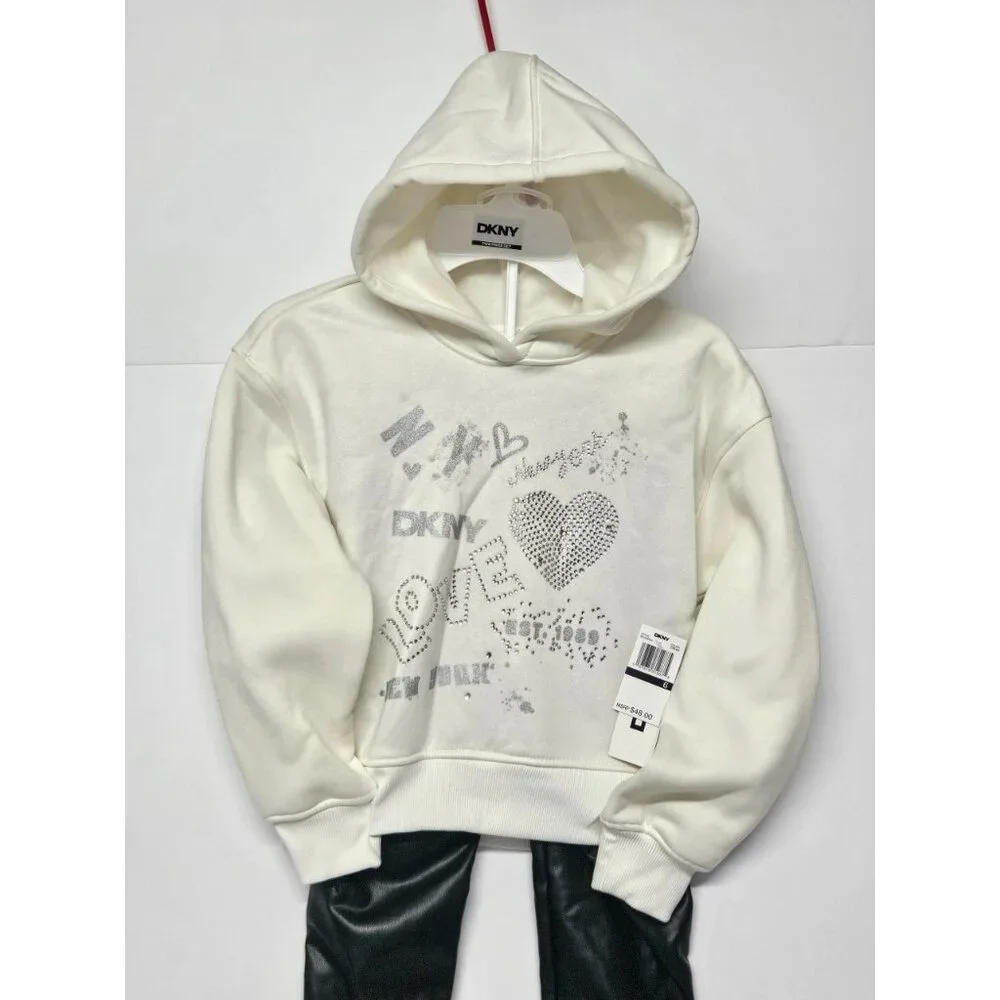 DKNY Girls Size 5 2 Pc Outfit, Sparkling Stone Like Hoodie,‎ Leather Like Pants